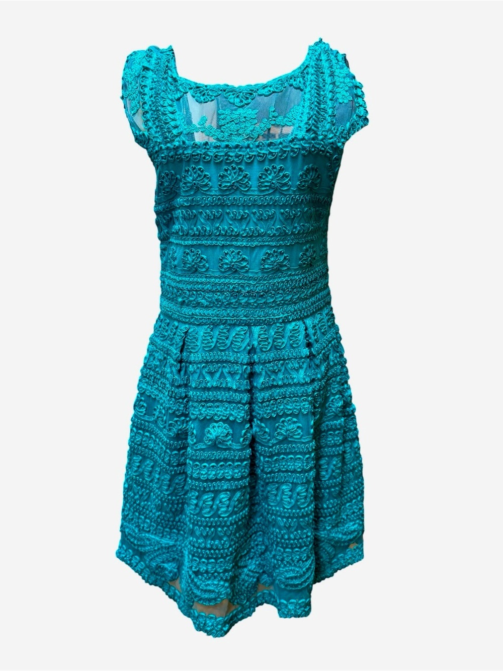 Yoana Baraschi Teal Green Lace Crochet Fit-and-Flare Party Dress